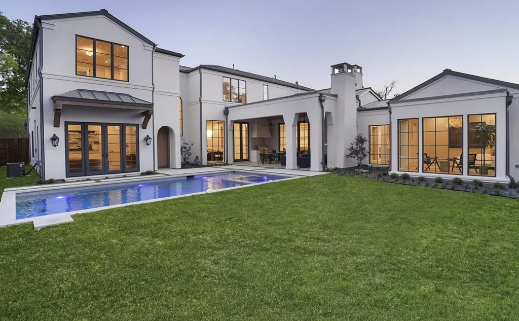 North Dallas custom home landscape with pool, lawn and ornamental planting